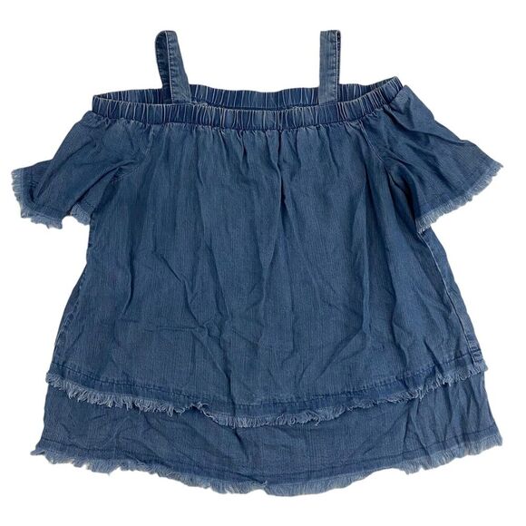 Rafaela Blue Chambray Cold Shoulder Blouse Frayed Hem Short Sleeve PXS XSP - Picture 1 of 7